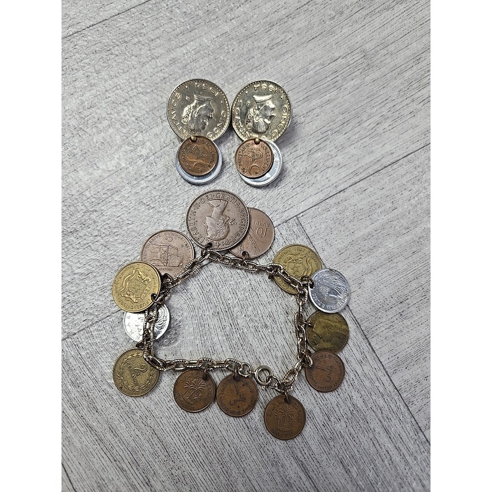 Vintage Real World Coins Charm Bracelet 13 Coins Earings Six Coins Set